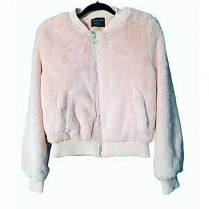 Love Tree Pink Faux Fur Bomber Jacket Size Large (please see measurement…